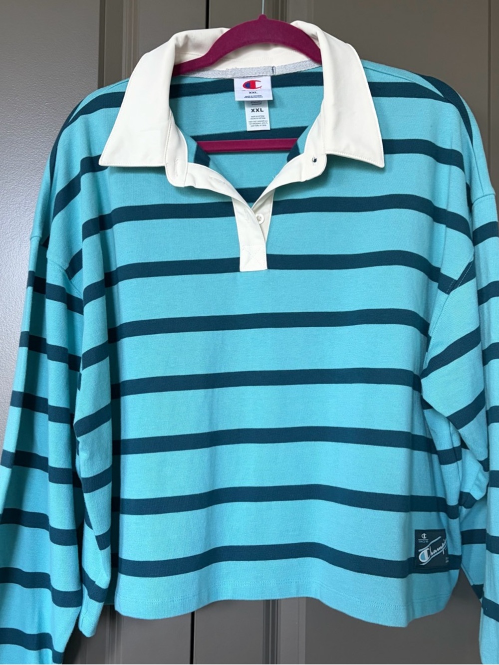 Champion Striped Rugby Shirt in Aqua & Teal with Cream Collar